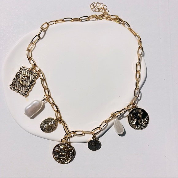 Anthropologie Gold and pearl Charm pendant Necklace - Picture 1 of 2